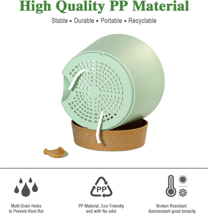 Self Watering Pots for Indoor Plants,12 inch Planters with Drainage Holes Plastic Flower Pots with Deep Reservoir, Green with Brown