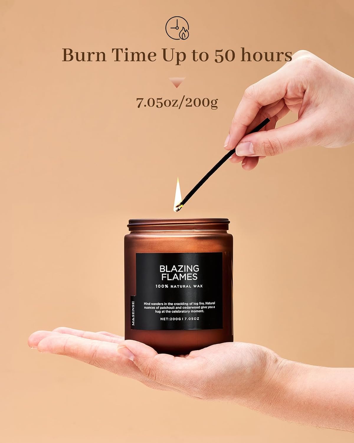 M&SENSE Blazing Flames Scent with Log Fire, Natural Soy Wax Slow Burning Candle for Home Decor, Cedarwood &Cade Scented 7.05oz 50 Hours Burn Cotton Wick Gifts for Celebration Holiday