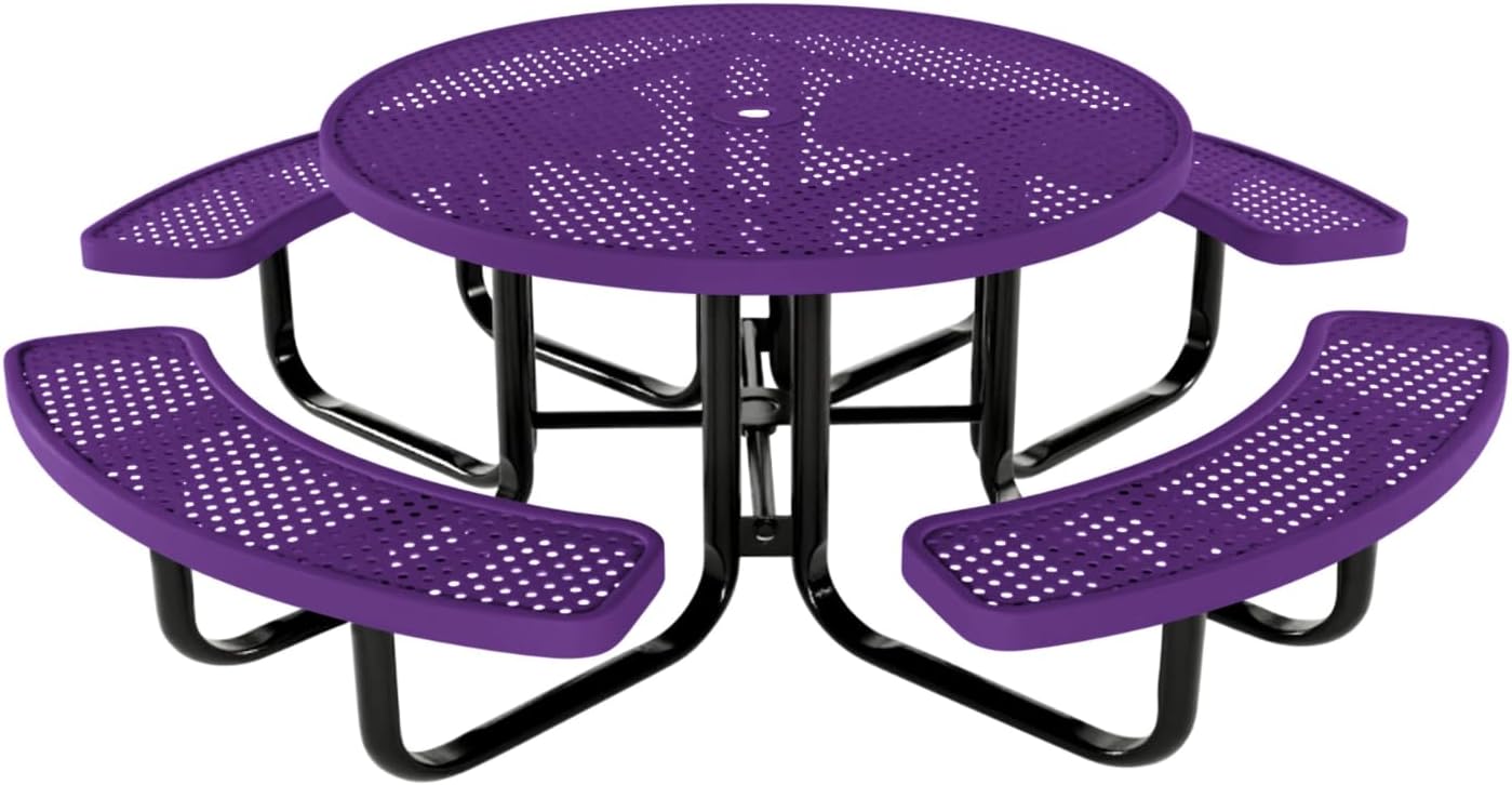 Coated Outdoor Furniture Heavy-Duty Portable Outdoor Kids Table with Umbrella Hole, Punched Steel Kids Picnic Table, Commercial-Grade, Made in America (46 In, Round, Childrens, Purple)