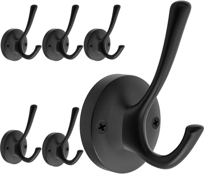 Black Wall Hooks, 6 Pack Coat Towel Hook Heavy Duty Metal Double Bath Robe Hook Wall Mounted, Hat Hooks for Cubicle Bathroom Kitchen Closet Garage