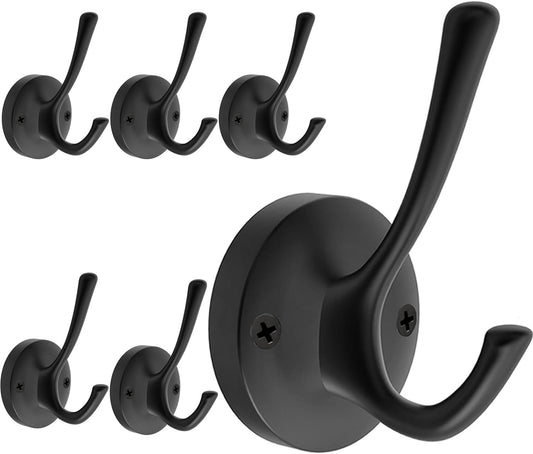 Black Wall Hooks, 6 Pack Coat Towel Hook Heavy Duty Metal Double Bath Robe Hook Wall Mounted, Hat Hooks for Cubicle Bathroom Kitchen Closet Garage