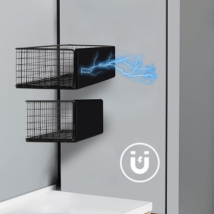 Magnetic Basket, Magnetic Shelf for Fridge,Magnetic Spice Rack Wire Mesh Magnetic Organizer Holder Accessories for Office Kitchen Classroom Storage, Black-High, Large x1&Small x1 Set of 2