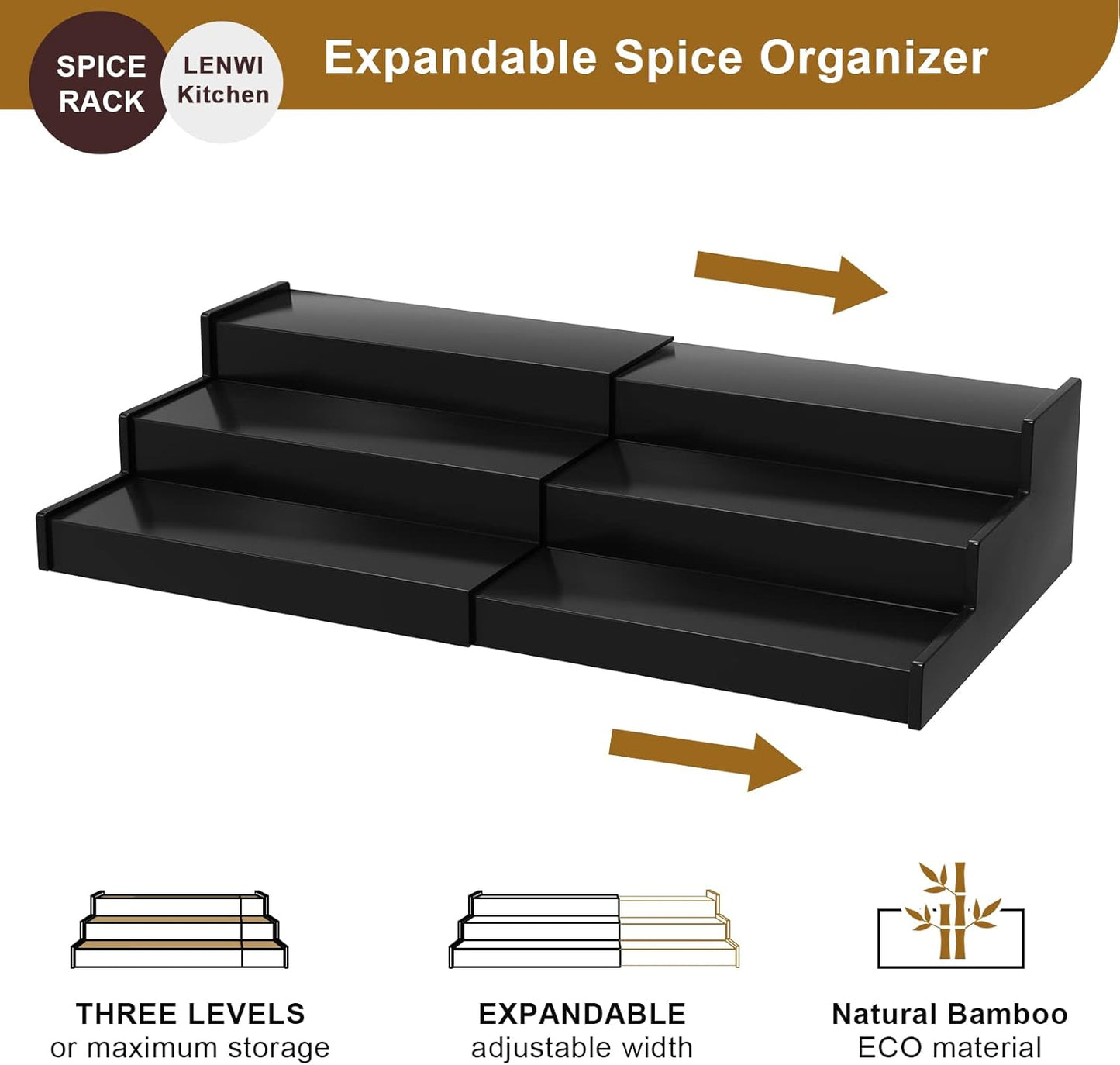 Spice Rack Organizer for Cabinet 2Pack, 3 Tier Expandable Bamboo Spice Storage, Great for Kitchen Cabinet, Cupboard,Pantry and More(Black)