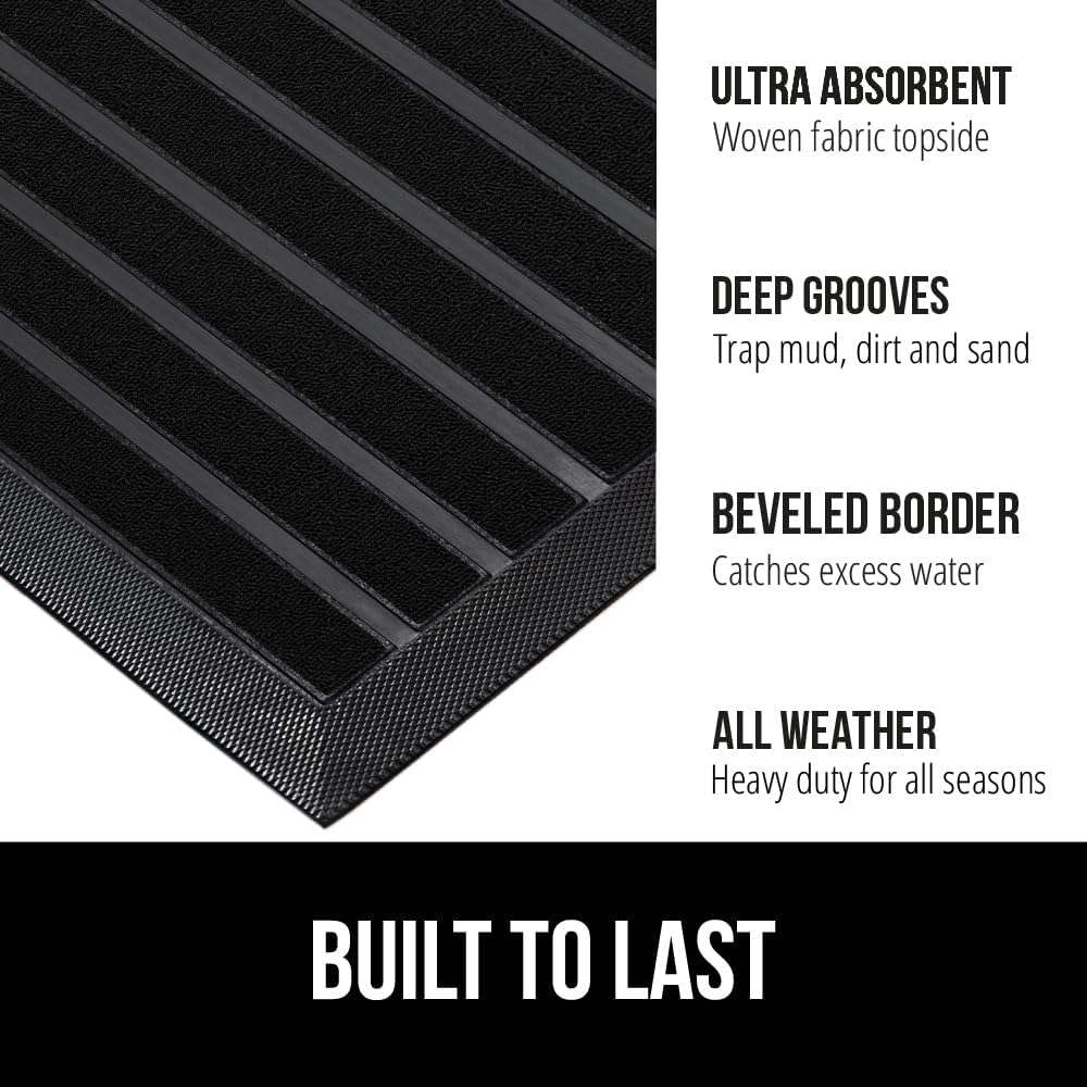 GORILLA GRIP 100% Waterproof All-Season WeatherMax Doormat US Designed Natural Rubber, Stain and Fade Resistant, Low Profile Indoor Outdoor Door Mats, Easy Clean Patio Mat, 17x29, Black Stripe