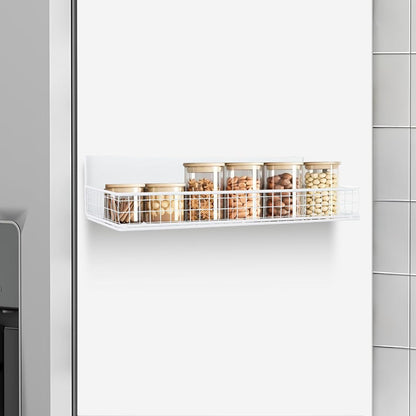 Magnetic Shelf for Fridge Magnetic Basket Organizer Wire Mesh Magnetic Holder Magnet Shelf Accessories for Office Kitchen Classroom Storage,White, 13.77" x 5.11" x 1.7"