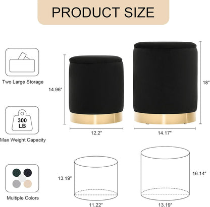 Round Ottoman with Storage Set of 2, Upholstered Velvet Storage Ottomans, Vanity Stool, Multifunctional Ottomans, Coffee Table Foot Rest Ottoman for Living Room Bedroom, Black