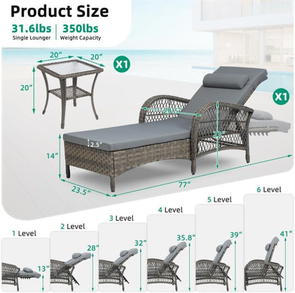 VIVIJASON Outdoor Wicker Chaise Lounge Chair, All-Weather PE Rattan Cushioned Patio Lounger Set with Side Table, 6-Position Adjustable Outside Pool Sunbathing Recliner with Armrest & Pillow, Gray