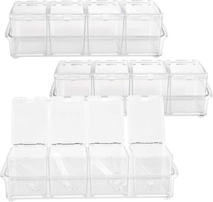 JAPCHET 3 Pack 4 Cell Clear Seasoning Box with Spoons, 10.2 × 3.54 × 3 inch Seasoning Storage Container with Cover, Clear Seasoning Rack Spice Pots for Spice, Salt, Sugar
