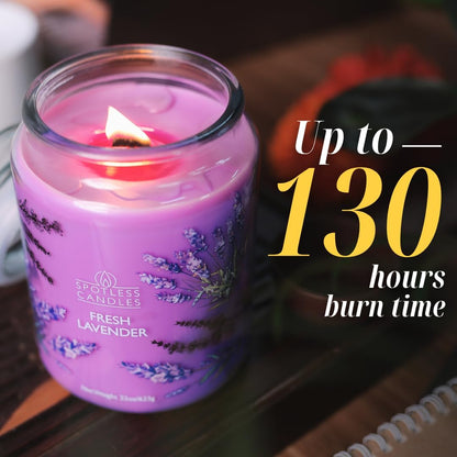Fresh Lavender Candle 22oz Glass Jar with Wooden Wick in a Decorated Jar Within a Presentation Gift Box and Protective Shipping Box