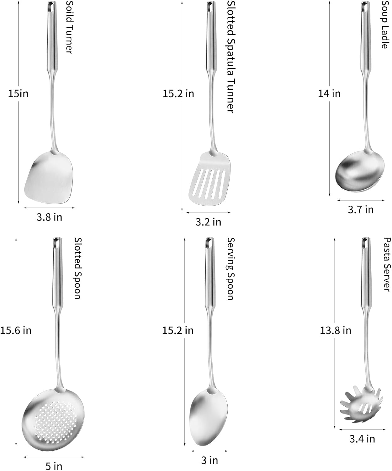 304 Stainless Steel Cooking Utensil,Kitchen Kitchen Utensil with Spatula, Solid Spoon, Ladle, Skimmer, Spaghetti Spoon, 6 Piece Set, Dishwasher Safe