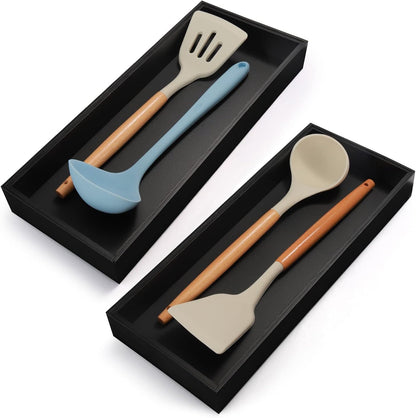 Bamboo Kitchen Drawer Organizer - Set of 2, Stackable Utensil Organizers, Wooden Storage Box Tray for Cabinet, Pantry, Bathroom Countertop, Multi-use Organization and Storage (Black)