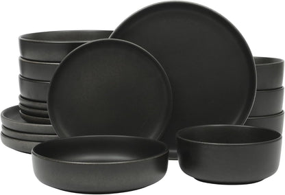 Gibson Elite Pasco 16 Piece (Service for 4) Plates and Bowls Double Bowl Reactive Glaze Dishes Stoneware Ceramic Dinnerware Set - Black