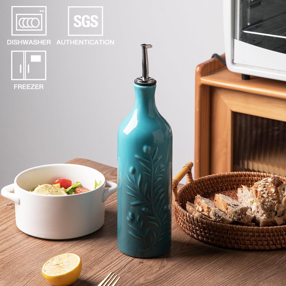 Sweejar Large Olive Oil Dispenser Bottle with Spout, 24 Oz Ceramic Oil Dispenser for Kitchen, Relief Opaque Oil Cruet, Oil Container for Cooking, EVOO, Avocado Oil, Vinegar, Pack of 1 (Gradient Blue)