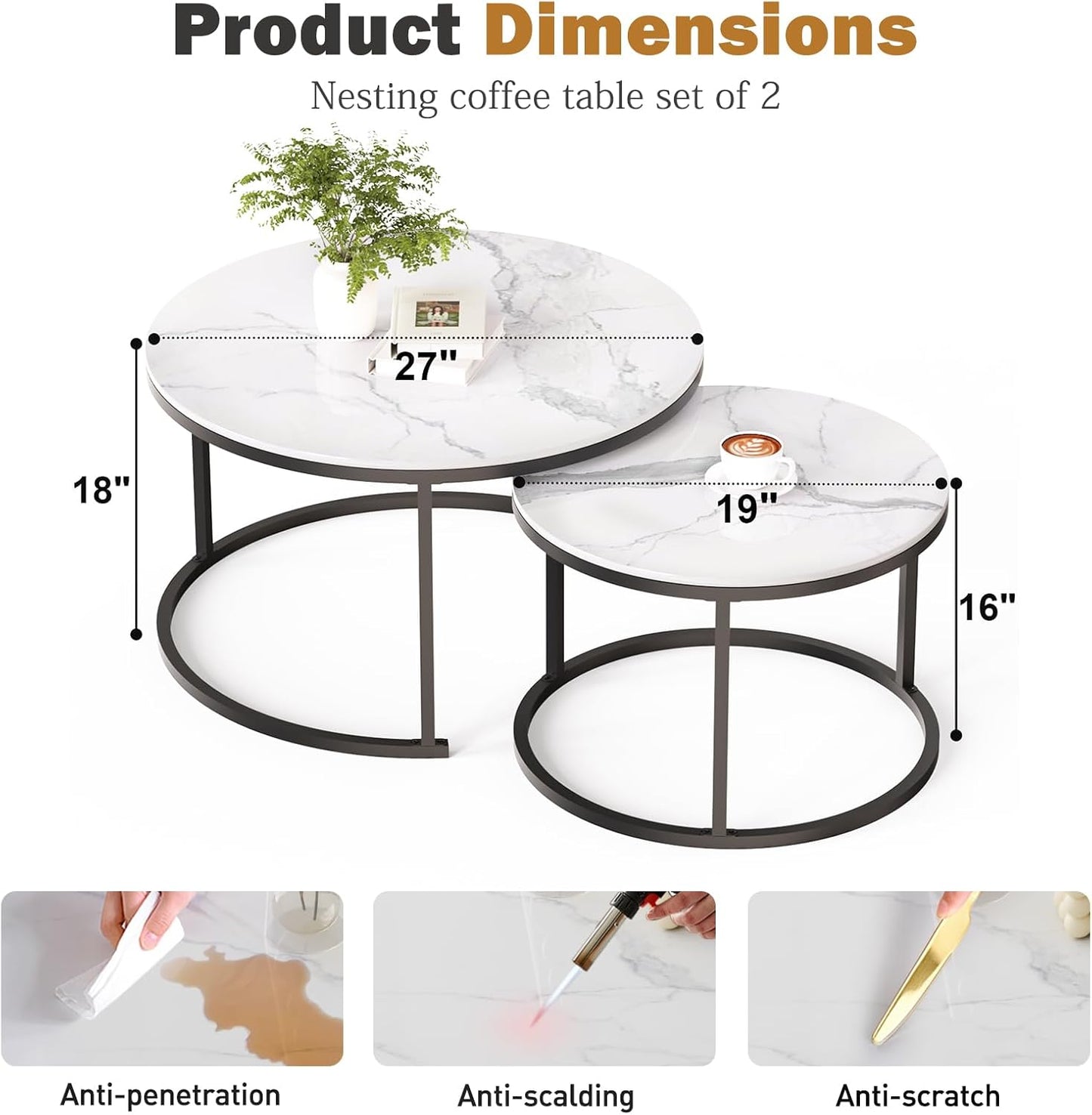 ZL ZELing White Nesting Coffee Table Set of 2, 27'' Round Coffee Table Sintered Stone Top & Metal Frame, End Tables Center Table for Living Room, Small Space