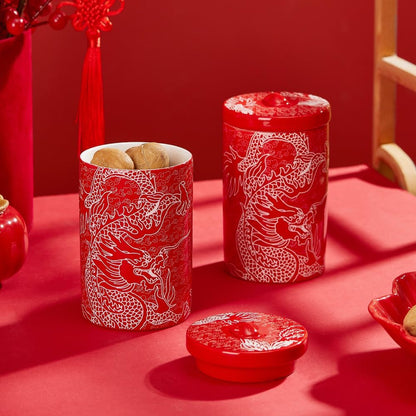 Porlien Chinese Dragon Porcelain 15-ounce Canisters Set of 2, Food Storage Containers with Lid for Coffee Beans, Tea, Condiments & Nuts