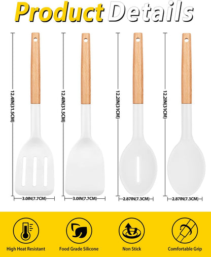 Pack of 4 Silicone Cooking Utensils Set, Non Stick Solid Spatulas and Heat Resistant Slotted Spoons with Wooden Handle, Ideal Wood Kitchen Utensils Set for Frying,Serving,Turning,Stirring (WHITE)