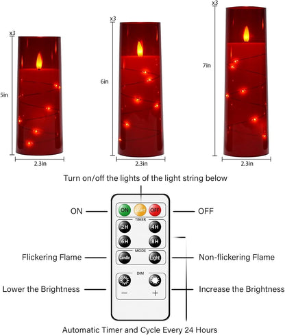 Flickering Flameless LED Candles,Battery Operated Candles 9 Pcs with Embedded Star String,Acrylic LED Pillar Candles with Remote,Suitable for Home Decoration to Create an Atmosphere（Red）