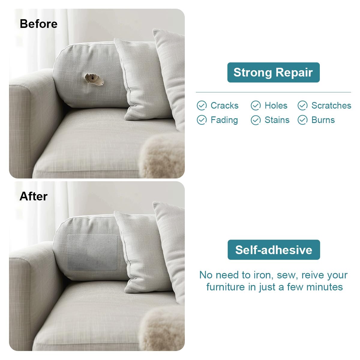 J.CARP 2Pcs Linen Repair Patches, Large Self-Adhesive Fabric Patch for Sofas, Couch, Furniture, Car Seats (8 * 11 inches-2PCS Grayish Beige2.0)