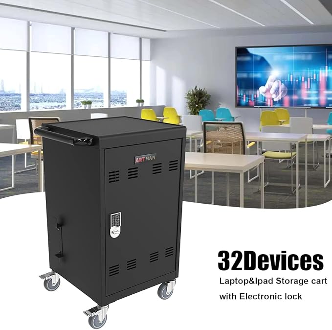 30-Device Mobile Charging Cart with Power Strip, Locks, Cable Management, Up to 16.3" Safe Charging Cabinet for Chromebooks, Tablets, Laptops. Black with Code Lock