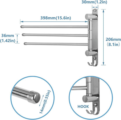 Bathroom Towel Rack JSVER 3 Arms Extended Towel Holder, Swivel Towel Bar, SUS304 Stainless Steel Space Saving Towel Racks for Bathroom, Kitchen