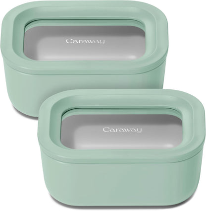 Caraway 2pc Glass Food Storage Set - 2.6 Cup Food Containers (2) - Non-Toxic Ceramic-Coated Glass - Air Release Technology - Compact & Stackable Design - Mist