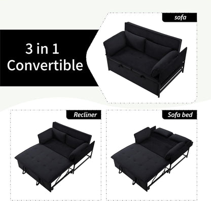 Pull Out Sofa Bed, 46” Futon Couch with Convertible Sleeper, Velvet Pull Out Couch with Adjustable Backrest, Small Sofa Bed with 2 Pillows for Living Room Office Guest Room, Black
