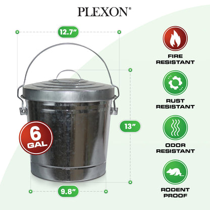 Plexon 6 Gallon Outdoor Trash Can with Lid Galvanized Metal Bucket with Locking Lid for Poultry Feed Bird Seed Storage Ash Small Garbage Can, 6 Pack