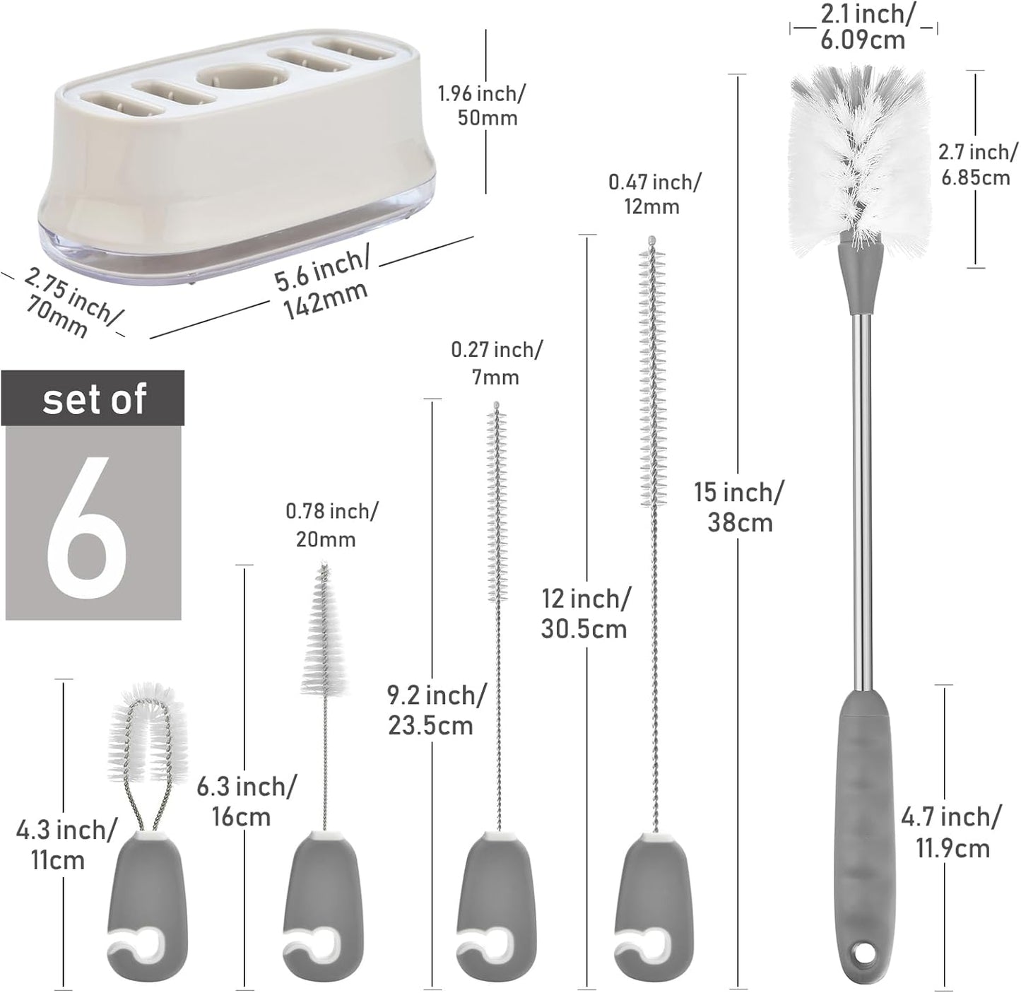 ALINK 5 Pack Water Bottle Brush Cleaning Set with Holder, Bottle Cleaner with Stand, Straw Nipple Lid Brush for Stanley Tumblers, Drinking Glass, Baby Bottles, Jugs - Gray