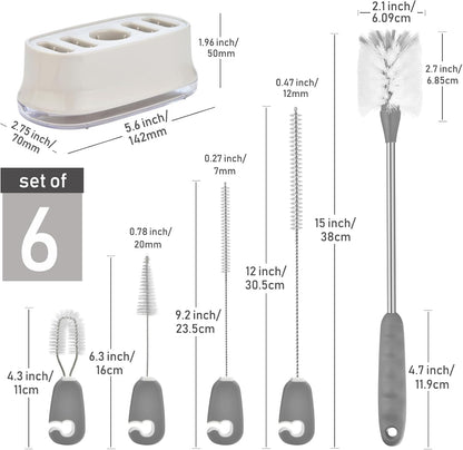 ALINK 5 Pack Water Bottle Brush Cleaning Set with Holder, Bottle Cleaner with Stand, Straw Nipple Lid Brush for Stanley Tumblers, Drinking Glass, Baby Bottles, Jugs - Gray