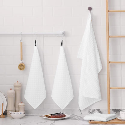 Fintale 100% Cotton Kitchen Towels and Dishcloths Set, 12 x 12 & 15 x 25 Inches, Set of 10 Bulk Super Soft and Absorbent Terry Cloth Dish Towels, Quick Drying Hand Towels with Hanging Loop, White