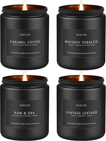Scented Candles Set | Gifts for Men - 4Pack Candle Masculine Candle, Soy Candles for Home Scented, Aromatherapy Gifts Scents of Caramel Coffee/Whiskey Tobacco/Rum & Oak/Vintage Leather