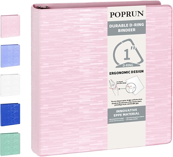 POPRUN 3 D Ring Binder 1 Inch, PVC-Free, Holds 225 Sheets of 8.5 x 11 Paper, Extra Durable Organizer with 2 Pockets for School & Office, Heavy-Duty, 1 Pack, Pink