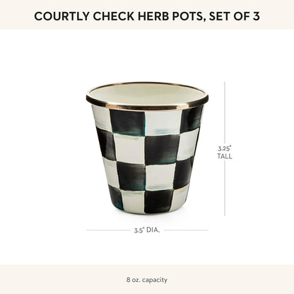 MACKENZIE-CHILDS Enamel Herb Pots, Small Plant Pots for Herbs or Flowers, Set of 3, Black-and-White Courtly Check