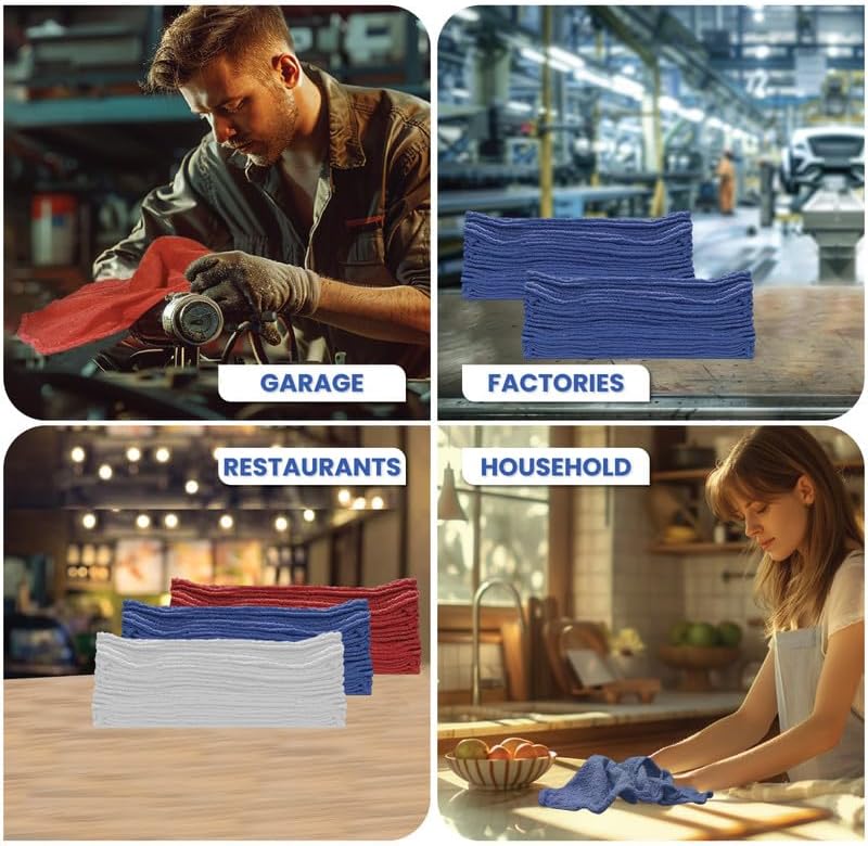 Shop Towels (Blue, 50-Pack) - Bulk Cleaning Towel in a Bag, Mechanic Cotton Wipes for Car Maintenance, Auto Mechanics & Garage, Wipe Grease & Oil, Machine Wash & Reusable