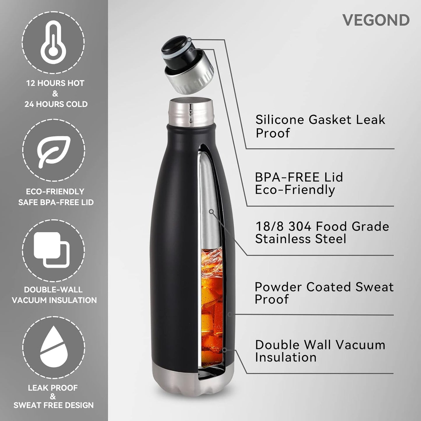 VEGOND 17oz Stainless Steel Water Bottles Bulk, Reusable Metal Sports Water Bottle Keeps Drink Hot and Cold, BPA Free Double Wall Vacuum Cola Shape Insulated Water Bottles for Camping Gym, 8 Pack