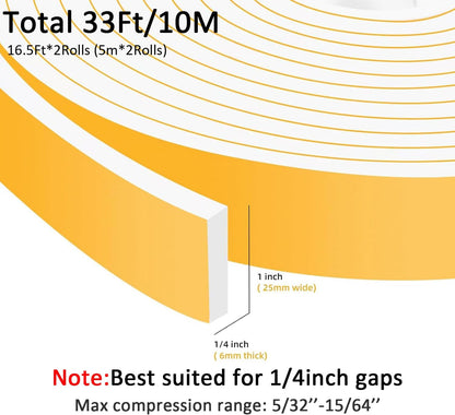 Upgraded Strong Adhesive Foam Weather Stripping Door Seal Strip Insulation Tape for Insulating Door,Air Conditioner Noise-Reduction Self Adhesive Sealing Weatherstrip(1 in x 1/4 in x 16.5 Ft)