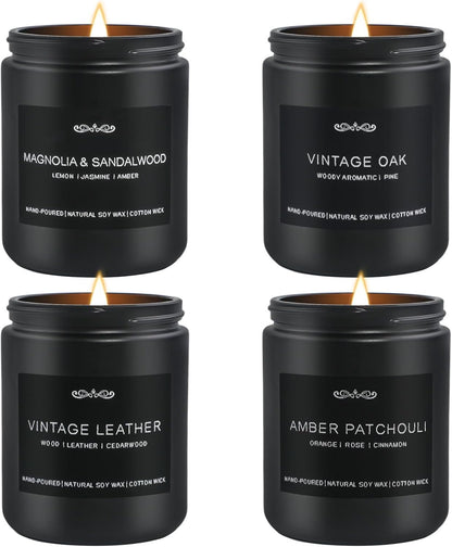 Scented Candles Gifts, Gift for Men, 4 Pack Candles Set, Soy Candle for Home Scented, Birthday Gifts Candle Set for Men Scents of Magnolia Sandalwood/Oak/Amber Patchouli/Leather