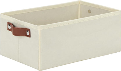 DULLEMELO Fabric Storage Bin with PU Handles, Decorative Basket and Organizer, Collapsible Bin for Toy and Clothes Storage (Light Beige, 11.8L*7.9W*5.1H)