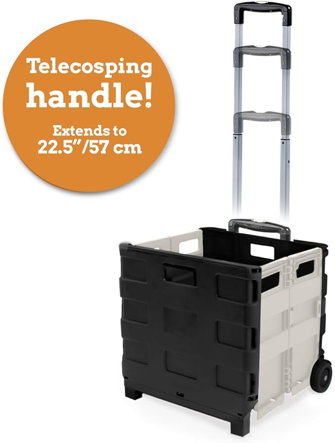 Inspired Living Ultra-Slim Rolling Collapsible Storage Pack-N-Roll Utility-carts, with Telescopic Handle, for Home, Garden, Shopping, Office, School use, Medium, White & Black