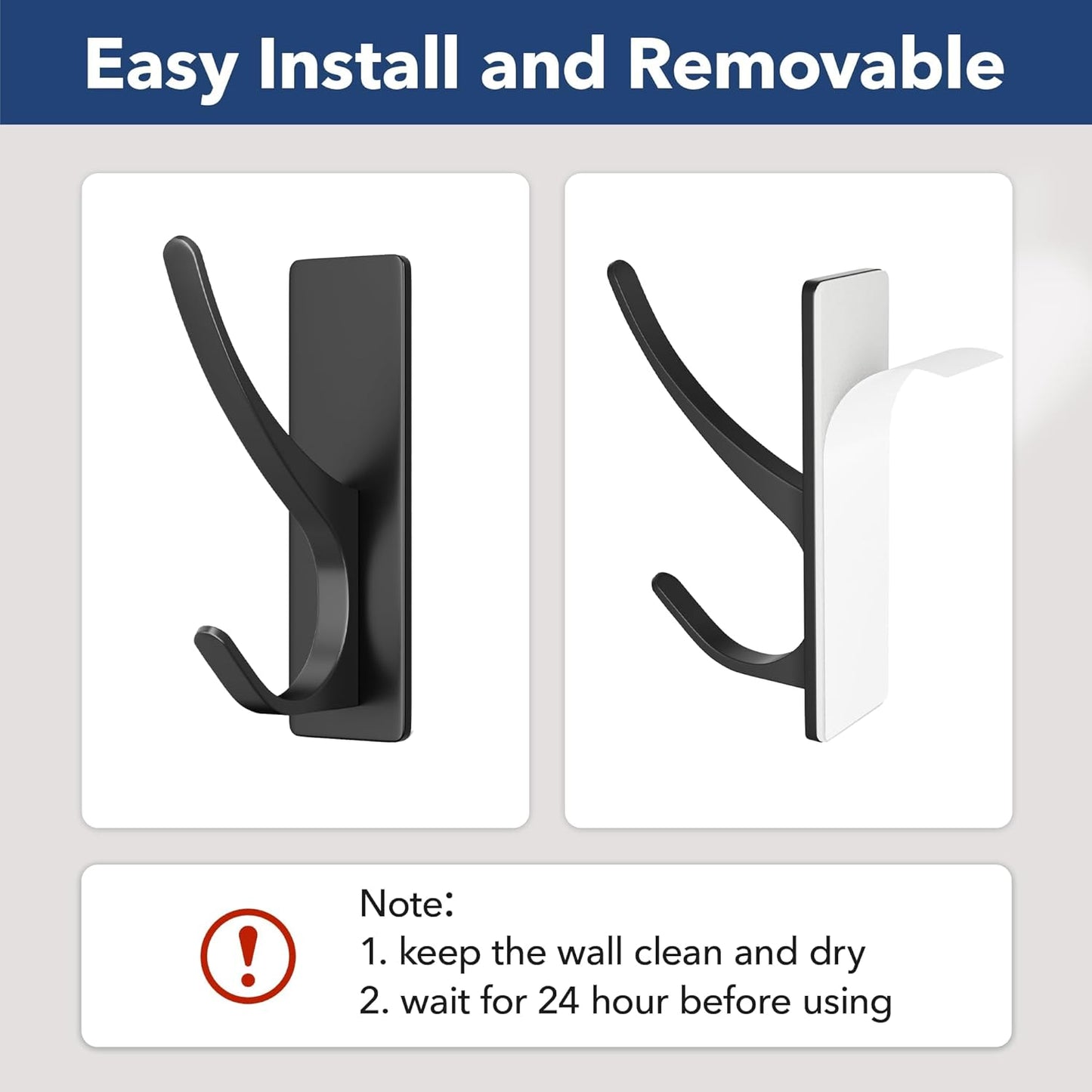 Self Adhesive Coat Hooks for Hanging, Heavy Duty Stainless Double Wall Hook for Towel, Backpack, Hat, Sturdy Metal Hanger for Bathroom, Bedroom, Door, Wall Mounted, 10 Pack, Matt Black, New