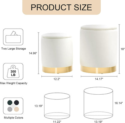 Round Ottoman with Storage Set of 2, Upholstered Velvet Storage Ottomans, Vanity Stool, Multifunctional Ottomans, Coffee Table Foot Rest Ottoman for Living Room Bedroom, White