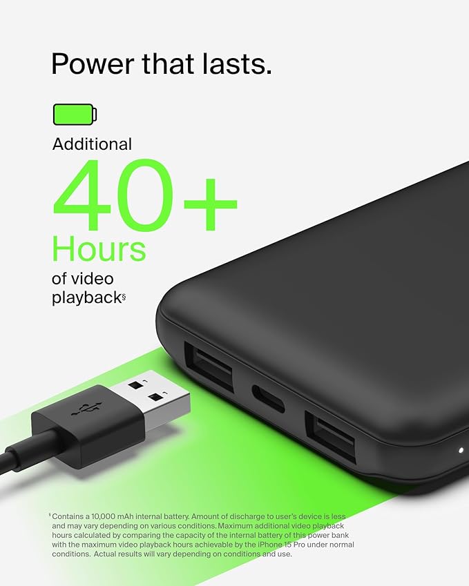 Belkin Portable Charger - 15W 3 Port Power Bank Battery Pack with 10000mAh Battery - Fast Charging for iPhone, Samsung Phone, More - USB C to USB A Cable Included