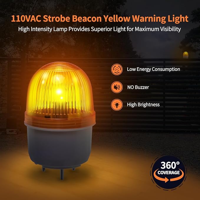 TOPENS JD110VY 110V Warning Light Emergency Flashing Safety Strobe Beacon Amber/Yellow Alarm Lamp Siren Blinker Halogen Tungsten Lamp for Gate Openers, Emergency and Construction Vehicles