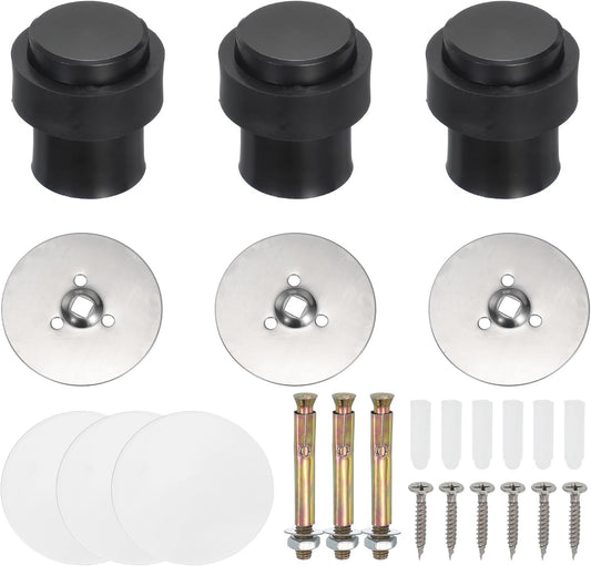 PATIKIL 3Set Round Door Stoppers, 46mm Stainless Steel Door Stop Doorstop Wedge Metal Cylinder Self Adhesive with Screw for Bottom of Door Floor Inside, Black