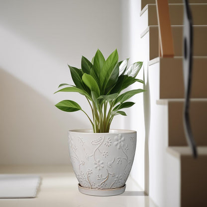 10 Inch Plant Pot Ceramic Planter Pot with Drainage Hole and Saucer Round Planter Large Flower Pot for Indoor Outdoor Plants Home Garden Decor White