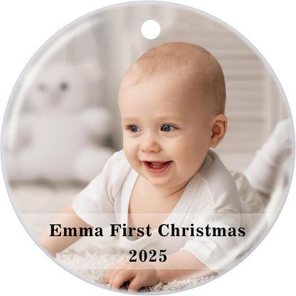 Personalized Baby's First Christmas Ornament 2025, Ceramic Custom Photo Text Christmas Ornament Customized Photo Ornament Christmas Tree Decorations Gift for New Parents Mom Dad Newborn Baby