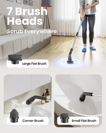 Electric Spin Scrubber, 2025 New Cordless Cleaning Brush for Home, IPX7 Waterproof Spin Scrubber with 7 Brush Heads, Adjustable Long Handle and 2 Rotating Speeds for Bathroom Tub Floor