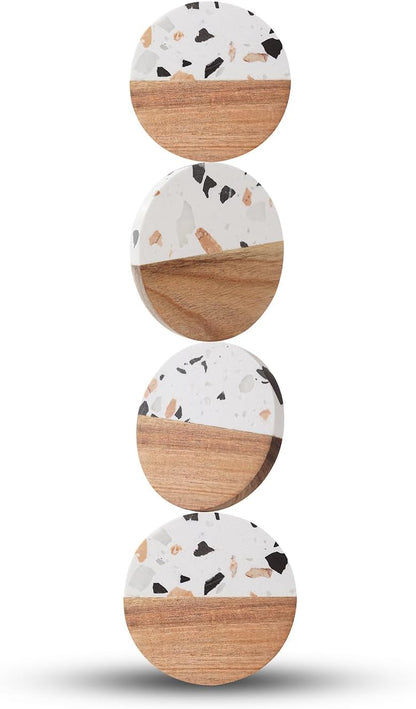 Drink Acacia Wood-Marble Coasters Set of 4,Cup Coaster for Coffee,Beverage,Cute Modern Cool Coasters for Home Decor,Table Desk Coaster Set for Housewarming,Living Room Decor (White-Wooden)