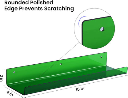 upsimples Acrylic Shelves for Wall Decor, 15" Display Shelf Perfume Organizer for Bathroom, Bedroom, Living Room, Floating Bookshelves for Kids, Clear Green, 4 Pack