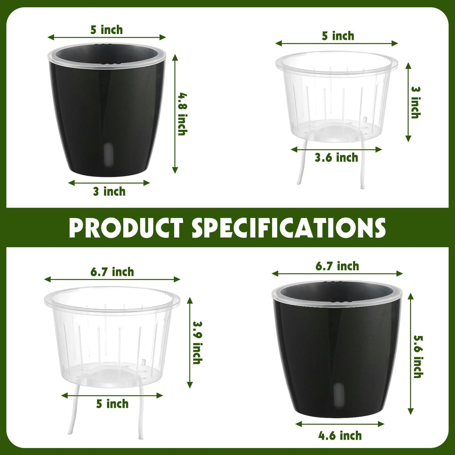 Self Watering Pots for Indoor Plants, 12-Pack 5'' Self Watering Planter with Drainage Holes, Small African Violet Pots with Water Level Indicator, Clear Wick Pot, Black
